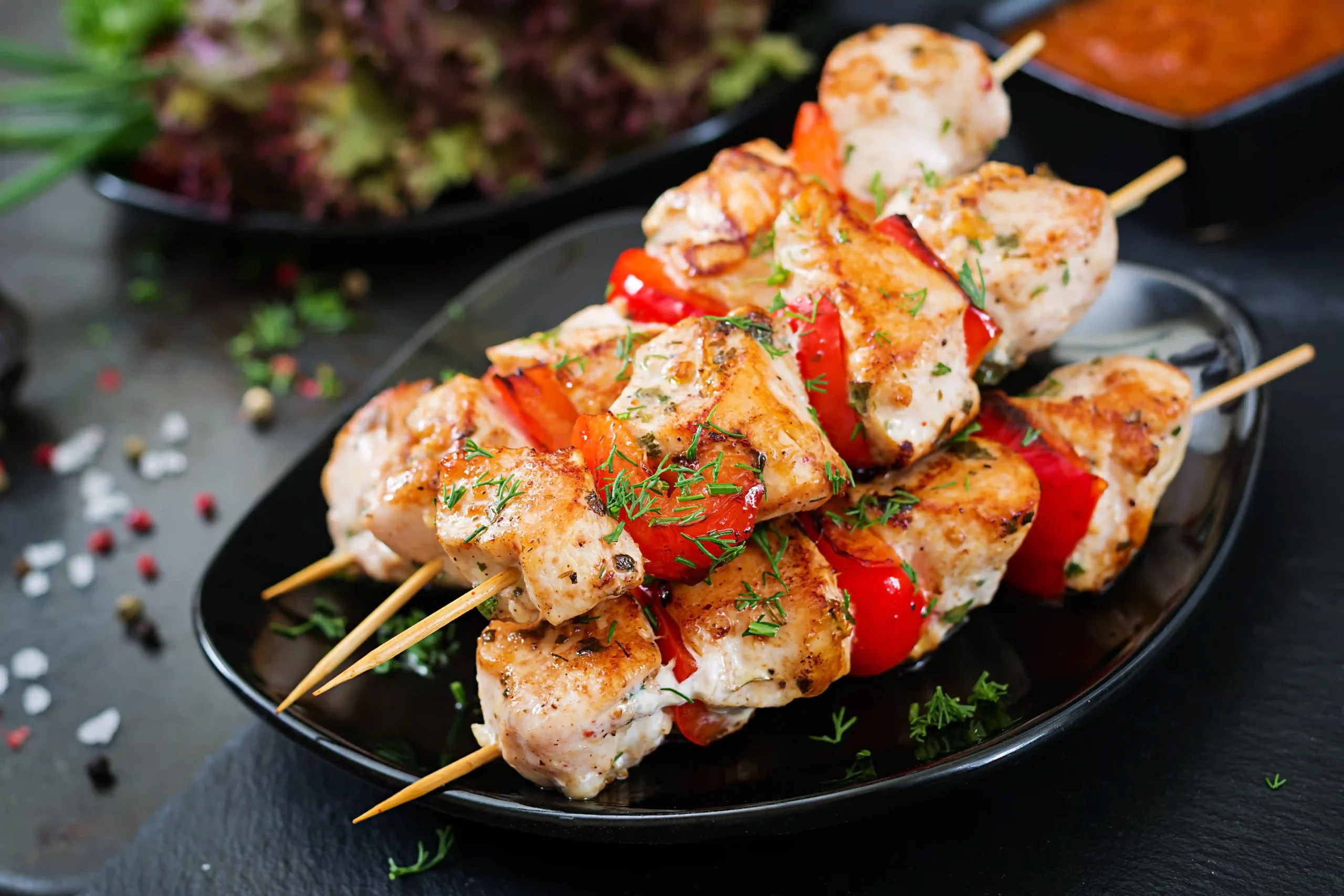 Chicken skewers with sweet peppers and dill styled for a menu shot